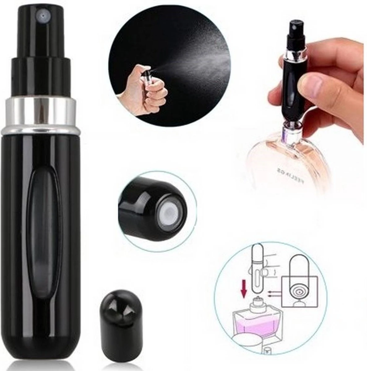 Navulbaar Parfum Flesje - Mini Parfumflesje- Hurbulbaar Parfumflesje- Hervulbare Verstuiver - Zwart - Aluminium - Spray 4 Navulbaar Parfum Flesje - Mini Parfumflesje- Hurbulbaar Parfumflesje- Hervulbare Verstuiver - Zwart - Aluminium - Spray - Afbeelding 2